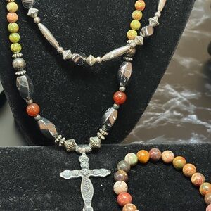 Sterling Silver/ Multicolor Beaded Cross Necklace with Jasper Bracelet